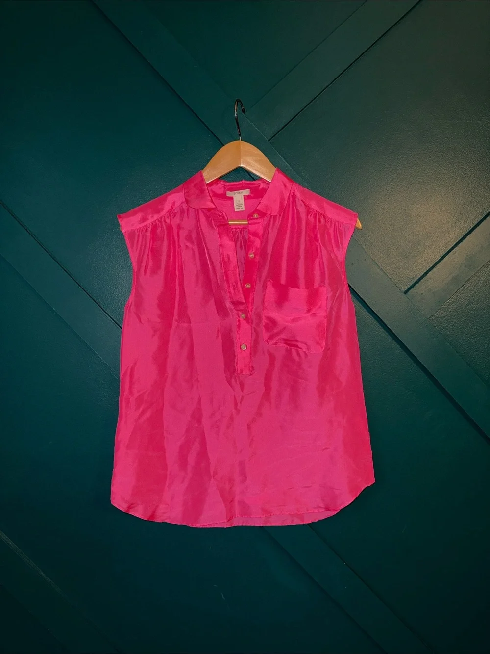 Crew Bright Pink Sleeveless Silk Blend Popover Blouse | Satin Collared Top